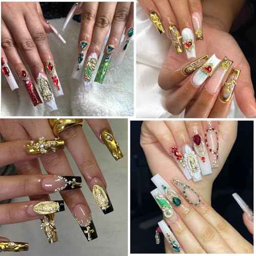 107pcs Virgin Mary Cross Gold Nail Charms Gems,San Judas Nail Charms 3D Alloy Heart Rose Angel Rhinestones for Acrylic Nail Art Religious Nail Stickers Manicure Decoration Supplies (Green, Red, Gold)