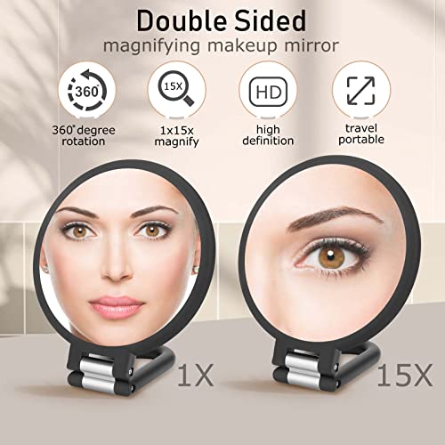 CLSEVXY Double-Sided Magnifying Travel Handheld Mirror 1X/15X Rotation Vanity