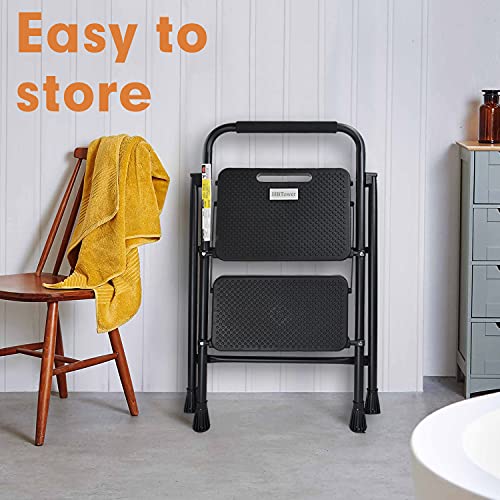 HBTower 2 Step Ladder, Folding Step Stool with Wide Anti-Slip Pedal, Sturdy Steel Ladder, Convenient Handgrip, Lightweight 500lbs Portable Steel Step Stool, Black