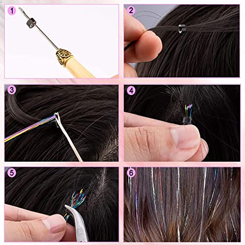 Pink Silver Hair Tinsel Kit: 48 Inches 3000 Sparkling Strands Glitter Tinsel Hair Extensions with Tools - Fairy Heat Resistant Hair Tinsel Accessories for Women Girls Kids