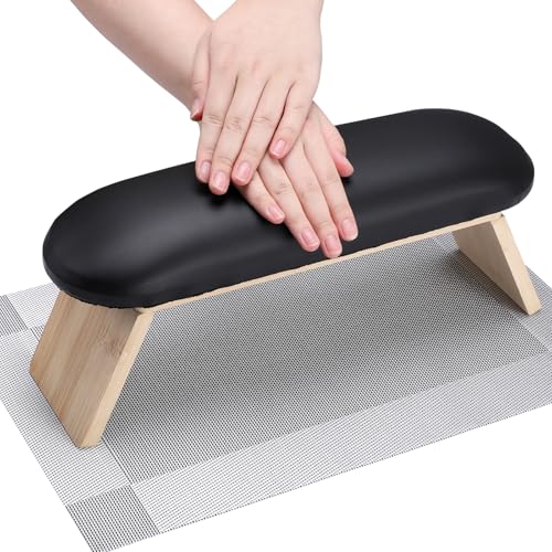 Segbeauty Folded Nail Arm Rest, Adjustable Wood Nail Hand Rest with PU Leather, Black Professional Manicure Hand Pillow for Nails Tech Must Haves Manicure Arm Table Stand Nails Salon Art Accessories