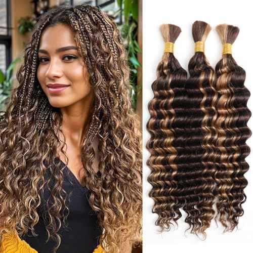 Human Braiding Hair 3 Bundles/Pack 150g Highlight 4/27 Curly Water Wave Human Bulk Hair for Braiding No Weft 12A Brazilian Virgin braiding Hair for Boho Braids (Highlight 4/27 Color, 16 inch)