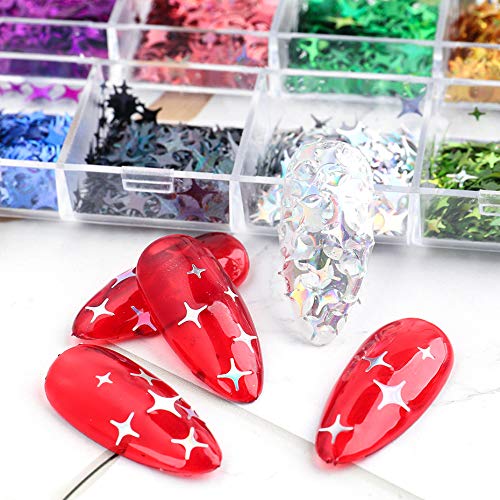 CHANGAR Nail Art Glitter Sequins, 3D Laser Cross Star Nail Paillette Decals Sticker Holographic Four-Angle Star Nail Sparkle Glitter for Manicure Make Up DIY Decals Decoration