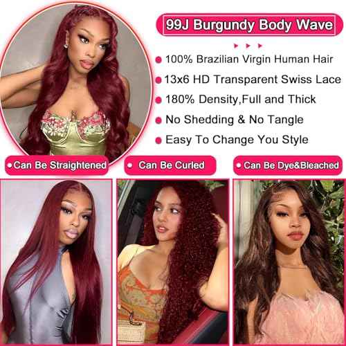 99j Burgundy Lace Front Wigs Human Hair 13x4 Body Wave Lace Front Wigs Human Hair Pre Plucked 180 Density HD Transparent Wine Red Colored Human Hair for Women with Baby Hair 22 Inch