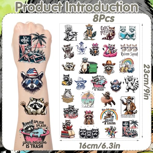Raccoon Temporary Tattoos 200+ Pieces - 8 Sheets Party Favors