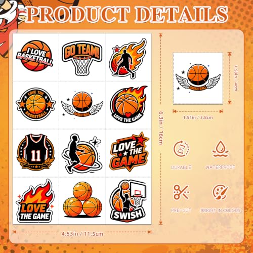 108 Basketball Temporary Tattoos for Kids, Waterproof & Pre-Cut