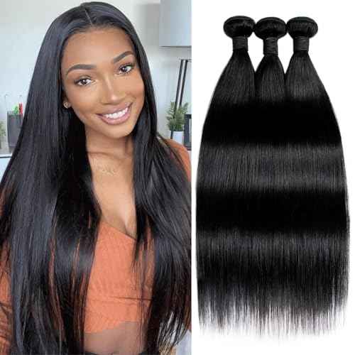 12A Brazilian Straight Bundles Human Hair 20 22 24 Inch 100% Unprocessed Virgin Hair Straight Weave Bundles Human Hair 3 Bundles (300g Natural Black)