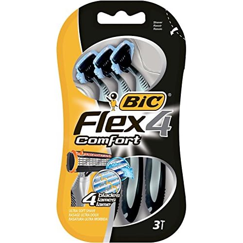 Bic Flex 4 Comfort Men's Razors - Pack of 3 Disposable 4-Blade Razor - with Lubricating Strip for A Smooth And Precise Shave