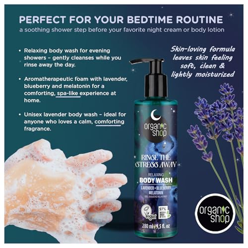 Organic Shop Relaxing Body Wash with Organic Lavender, Blueberry & Melatonin, Natural Vegan Shower Gel, Paraben Free, Silicone Free, Gentle Moisturizing Bodywash for Women & Men, Made in Europe