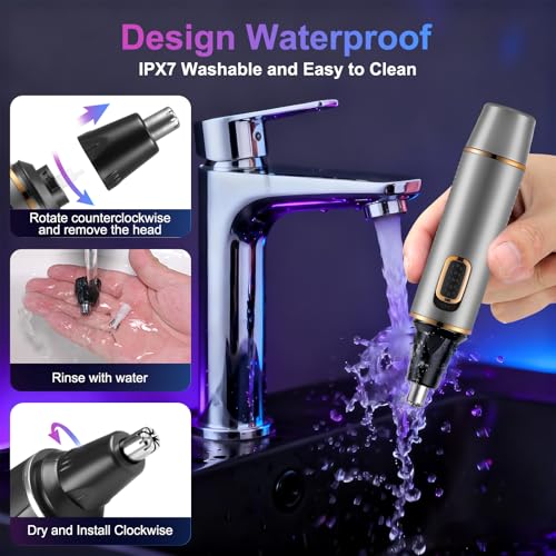 AREYZIN Nose Hair Trimmer for Men,Rechargeable Ear and Nose Trimmer,2 in 1 Painless Professional Eyebrow & Facial Hair Trimmer with IPX7 Waterproof Dual Edge Blades,Wet/Dry Use(Grey)