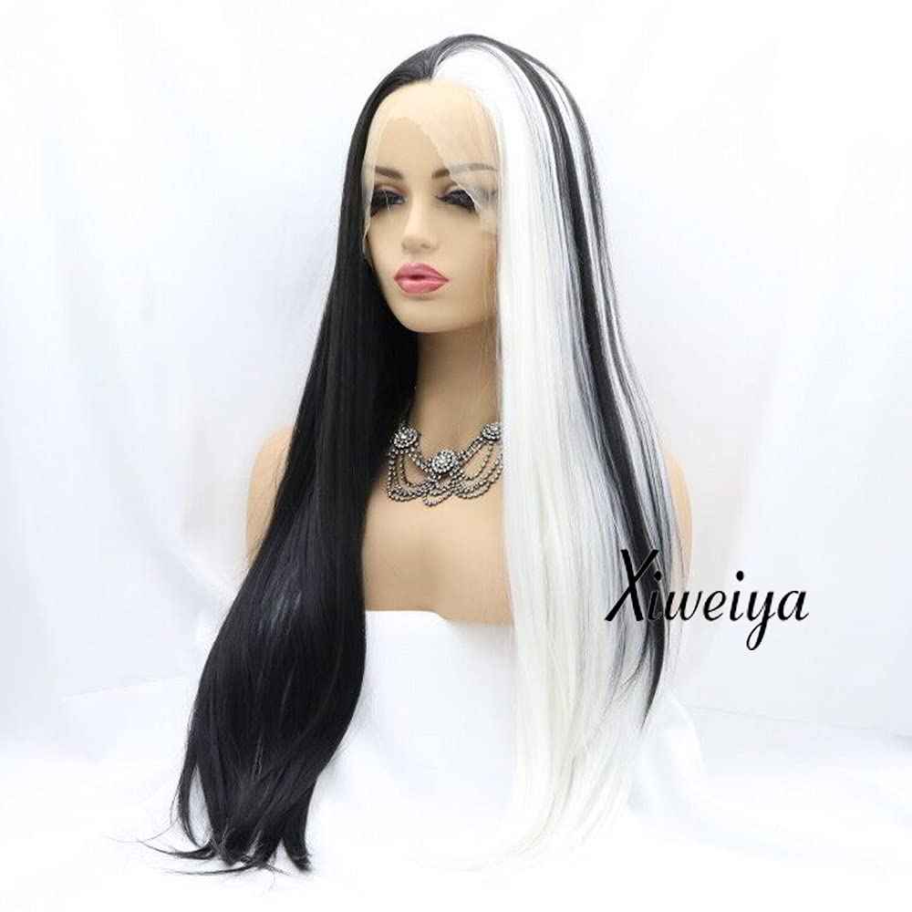 xiweiya long striaght mermaid piano half color synthetic lace front wig white to black two tones heat Resistant replacement wigs for women cosplay
