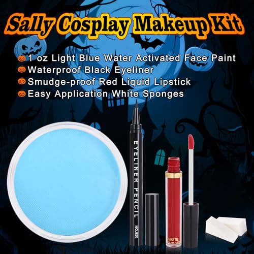 Sally Costume Makeup Kit - Light Blue Face Paint, Red Lipstick & Eyeliner