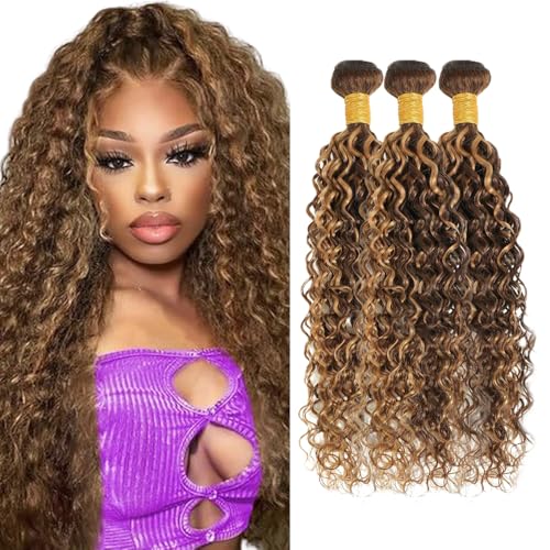 Highlight Blonde #4/27WT Water Wave Human Hair Bundles 24-28 Inch Wavy Extensions