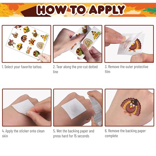 96 PCS Thanksgiving Turkey Temporary Tattoos Sheets