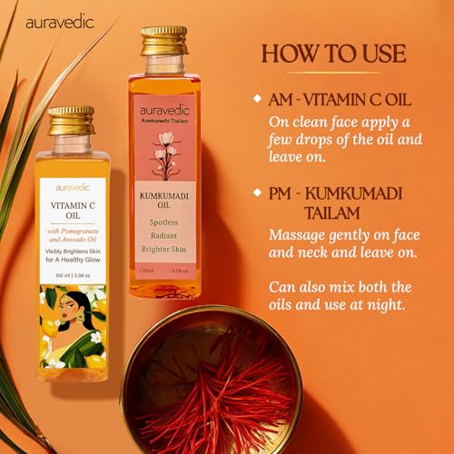 Auravedic Kumkumadi Saffron & Vitamin C Oil | Hydrating Face Moisturizer | Helps Reduce Fine Lines & Nourishes Dry, Dull Skin | Natural Facial Massage Oil | 3.38 Fl Oz (Pack of 2)