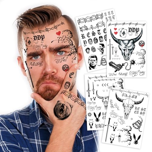 4 Sheets Cosplay Rapper-Inspired Temporary Tattoos ? Face Tattoo Stickers for Men, Women and Kids ? Hip-Hop Style Fake Tattoos for Cosplay, Halloween, and Parties