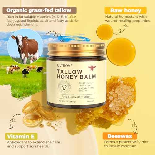 Beef Tallow and Honey Balm for Skin, Natural Face + Body Moisturizer with Organic Grass-Fed Beef Tallow & Raw Wild Honey for Dry & Sensitive Skin, 4.23oz
