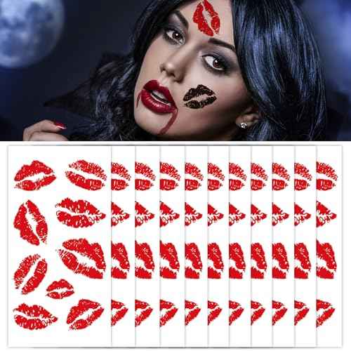 Red Lip Temporary Tattoo 10 Sheets, Lip Print Stickers Self Adhesive, Face Body Waterproof Bright Color Kisses Sticker, Costume Accessories Birthday Party Decorations