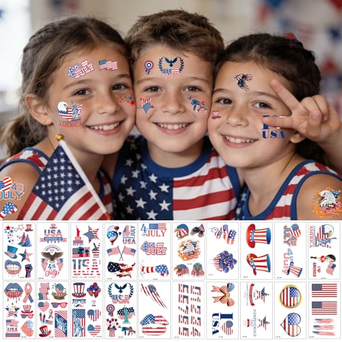 4th of July Temporary Tattoos for Kids, 20 Sheets 90+ Patriotic Designs