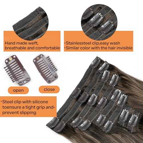 Balayage Clip in Hair Extensions Real Human Hair Straight Highlight Human Hair Clip ins for Women, Natural Soft Remy Human Hair, 8Pcs 120g, 18inch #2/6/2 Balayage Dark Brown to Chestnut Brown