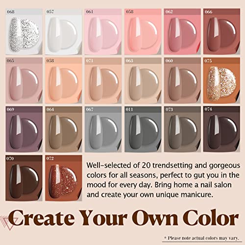 20 Colors Dip Powder Nail Kit Starter, AZUREBEAUTY Classic Nude Collection Glitter Pink Neutral Chocolate Brown Skin Tone Dipping Powder Liquid Set with Top/Base Coat French Nail Art Manicure DIY