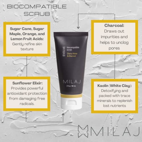 MILAJ Evolve Biocompatible Face Scrub | Charcoal & Cherry Water Facial Exfoliator to Cleanse Pores and Reduce Uneven Skin Tone | Clean Skincare for Regular Use 2fl oz