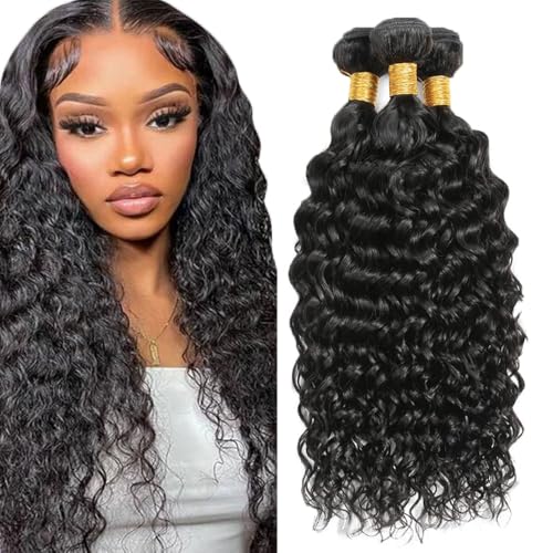 FuivJuix 14-Inch Water Wave Human Hair Extensions - Unprocessed Brazilian Virgin Bundles, Natural Black, 3-Pack, 150g
