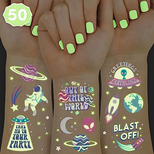 Space Glow in Dark Temporary Tattoos for Kids - 50 pcs