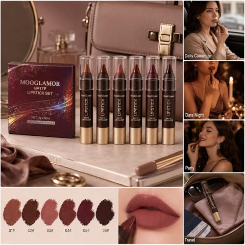 6-Piece Matte Lip Liner & Lipstick Set - Red Tones