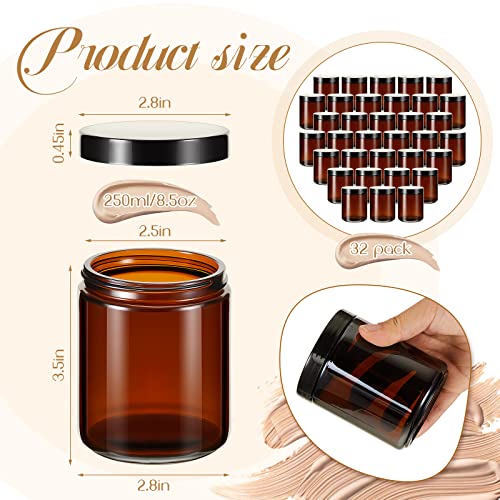 Lallisa 32 Pieces 8 oz Amber Round Glass Jars Empty Leakproof Candle Making Jars Amber Containers with Lids Dishwasher Safe Refillable Containers for Cosmetic Face Creams Body Butter Lotions Storage