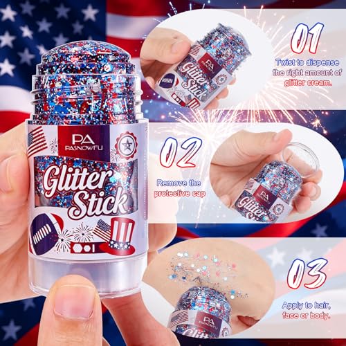Patriotic Red White Blue Hair Glitter Stick for 4th of July
