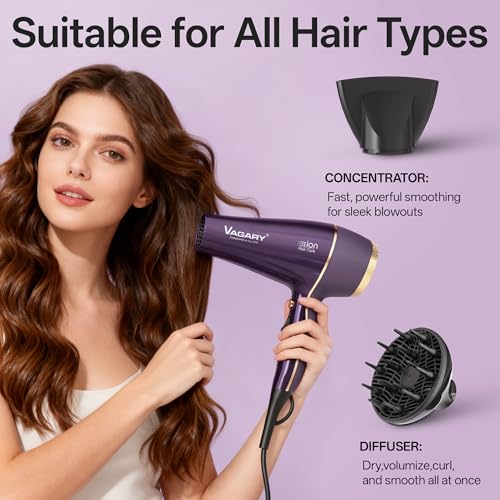 VAGARY Purple 2200W Hair Dryer with Diffuser & Concentrator, 2 Speeds 3 Heat, Cool Shot