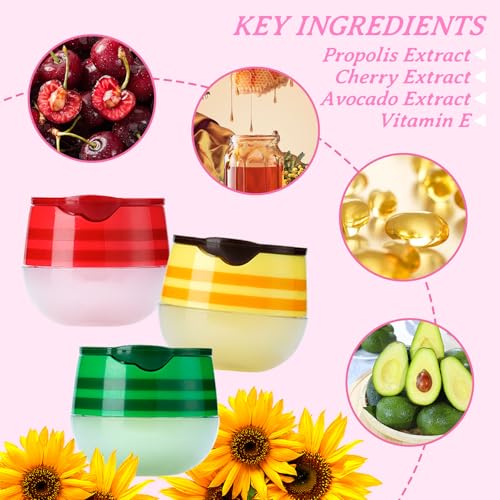 3PCS Bee Lip Balm Honey Pot,Moisturizing Cherries,Avocado,Honey Flavors Lip Mask Overnight,Hydrating Lip Sleeping Mask Lip Care Set,Plumping Lip Moisturizer for Dry and Cracked Lips