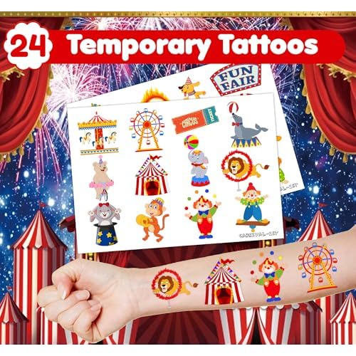36PCS Carnival Party Favors - 24PCS Temporary Tattoos & 12PCS Stamps - Ideal Circus Clown Themed Birthday Card Decorations Supplies Goodie Bag Cute Rewards for Boys Girls Classroom Gifts Prizes