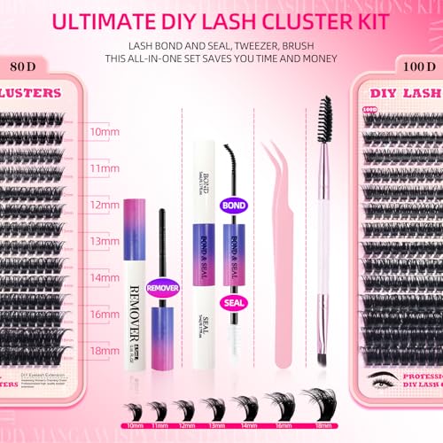 Lash Clusters Kit, 392pcs 150D Natural Fluffy D Curl Lashes Clusters 10-18mm Individual DIY Manga Wispy Cluster Eyelash Extensions Kit Fairy Flora Eyelashes with Bond Seal Tweezers Brush Remover