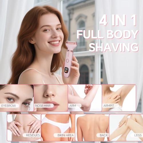 Electric Razors for Women, 4 in 1 Bikini Trimmer for Women, Wet & Dry Use Body Shaver, Nose Hair Face Eyebrow Arms Legs Armpit Underarm Pubic Area, Replaceable Lady Facial Razor Painless USB Charge