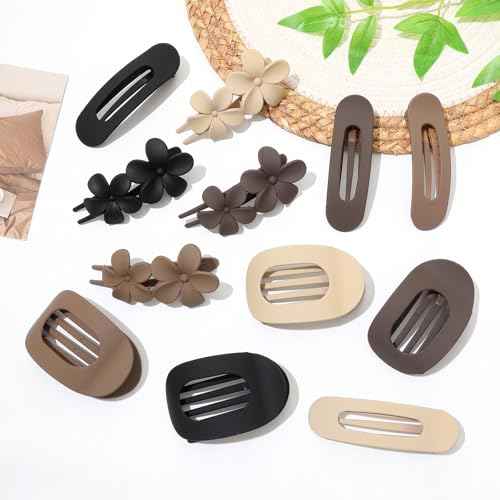 12 Pcs Flat Hair Clips for Women, 3 Styles Matte Flower Hair Clips and Flat Clips, Big and Small Neutral Colors Non-slip Flat Claw Clips Thin Thick Curly Straight Hair Accessories