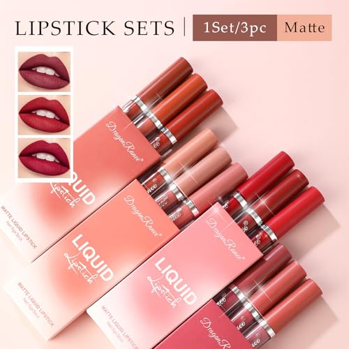 3-Piece Matte Liquid Lipstick Set, Nude Brown, Long-Lasting Waterproof