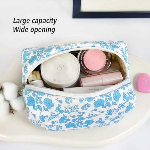 Quilted Floral Makeup Bag for Women - Compact Cosmetic & Toiletry Organizer