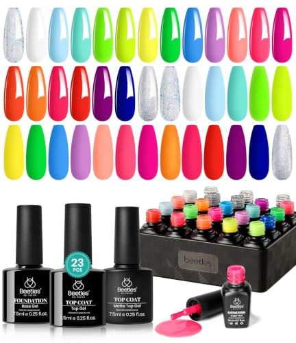 Beetles Neon Gel Nail Polish Set - 23 Pcs Rainbow Kit with Base & Top Coat