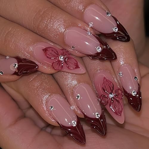 Medium Almond Red French Tip Press On Nails with Rhinestones - 24 Pcs