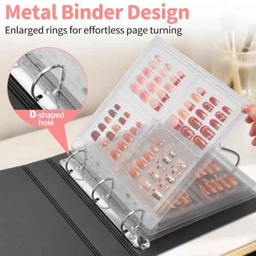 CGBE Press On Nail Organizer: Upgraded Dust & Crush-Resistant Protection, Removable D-Ring Binder Pages, Press On Nail Storage with Nail Tape