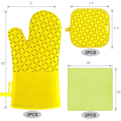 KEGOUU Oven Mitts and Pot Holders 6pcs Set, Kitchen Oven Glove High Heat Resistant 500 Degree Extra Long Oven Mitts and Potholder with Non-Slip Silicone Surface for Cooking (Yellow)