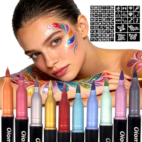 Metallic Temporary Tattoo Pen Kit with 70 Stencils, 10 Colors
