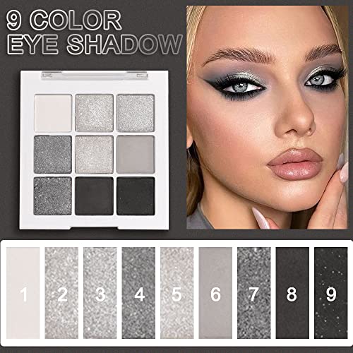 9-Color Smokey Grey Glitter Eyeshadow Palette | Waterproof