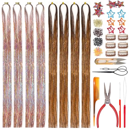 Hair Tinsel 48" 8 Pack 2000 Strands Pink Brown