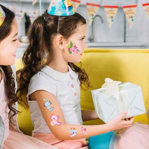 Pink Cute Axolotl Temporary Tattoos - 8 Sheets 200 Pcs Axolotls Birthday Party Decorations Supplies Kawaii Reptile Animals Salamander Tattoo Stickers for Girls Kids School Rewards Gifts