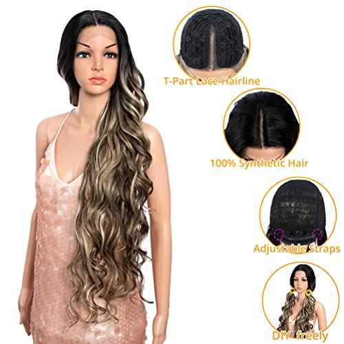 Style Icon 36" Lace Front Wigs Super Long Big Curl Wigs With Baby Hair 130% Density Heat Resistant Fiber Synthetic Wig (36 Inch, TTSA4/10/23B/613C)