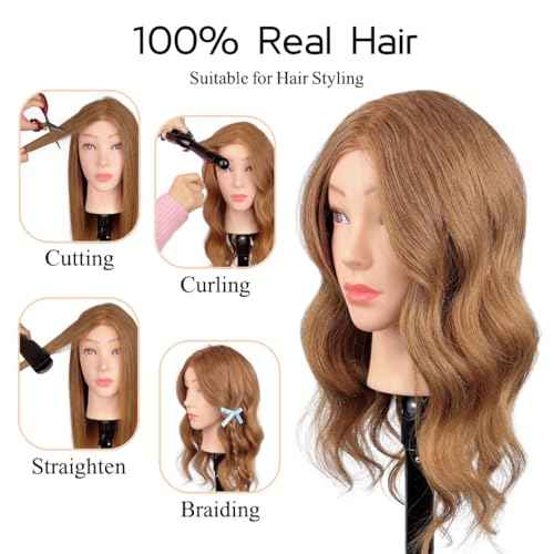 Mannequin Head Human Hair, 100% Real Hair Cosmetology Manikin Head for Practice Braiding Hairstyling Cutting with Free Clamp Holder and Tools (100% Light Brown)