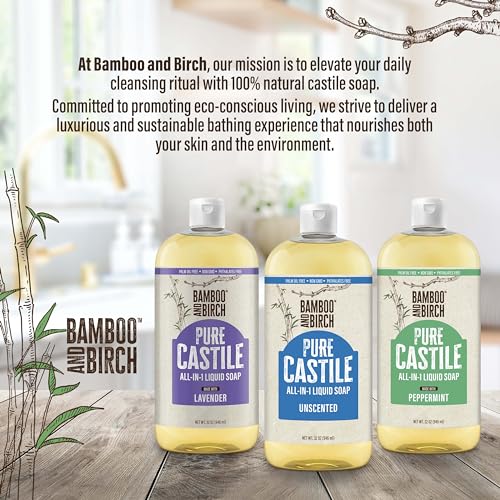 BAMBOO AND BIRCH Pure Castile Soap Liquid, Certified Palm Oil Free Natural Soap, Unscented, 32 oz